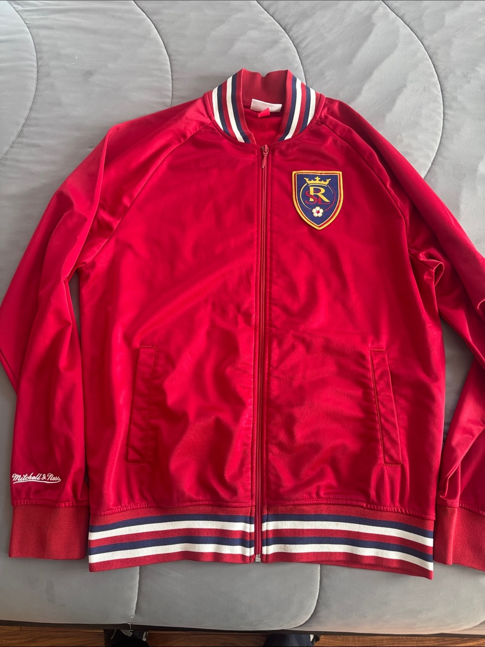 Mitchell & Ness Real Salt Lake Red Soccer Jacket with Striped Trim and Crest